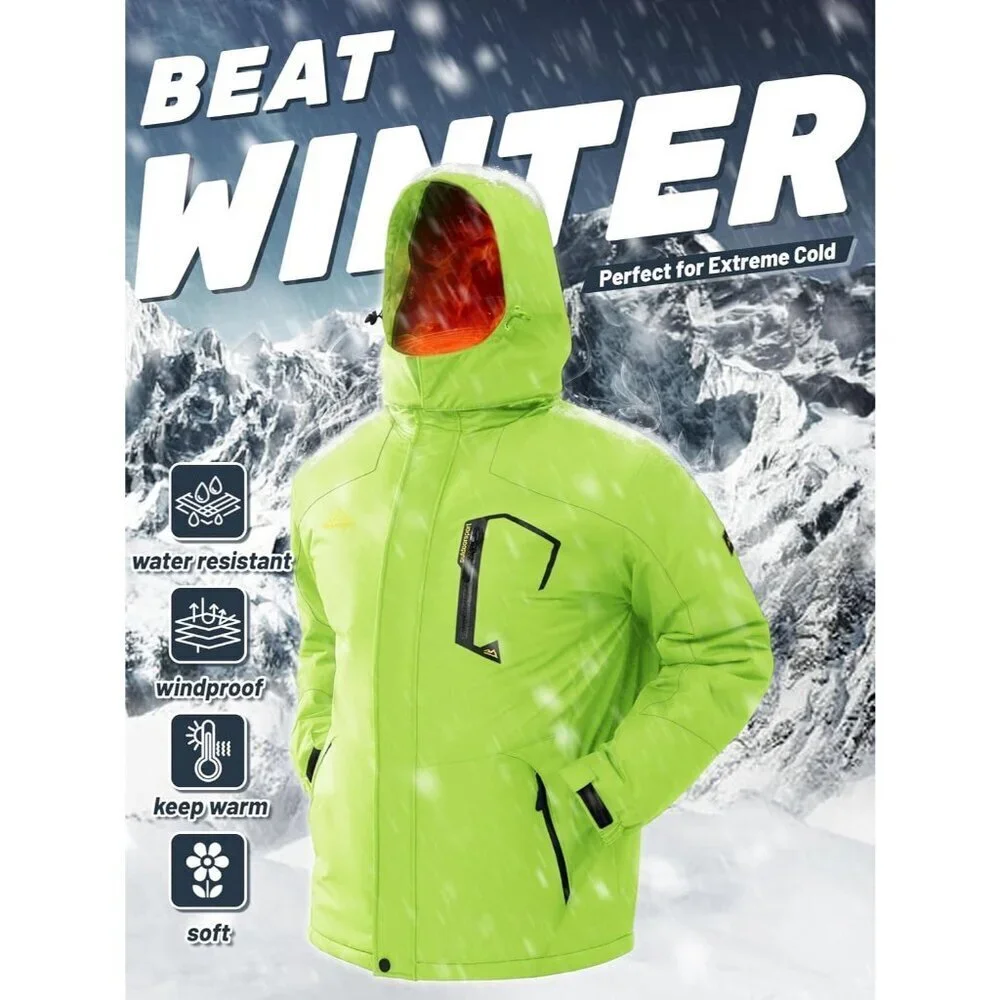 Men's #215 Bright Green Winter Ski Jacket Water Resistant Fleece Hooded Parka